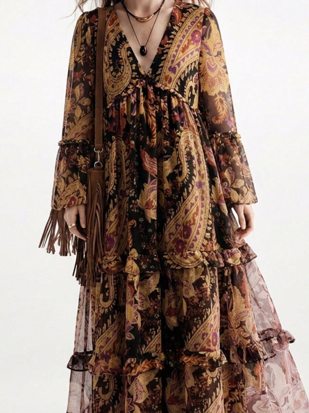 Multicolor Boho Women's Chiffon Flowy Dress - Picture 3 of 7